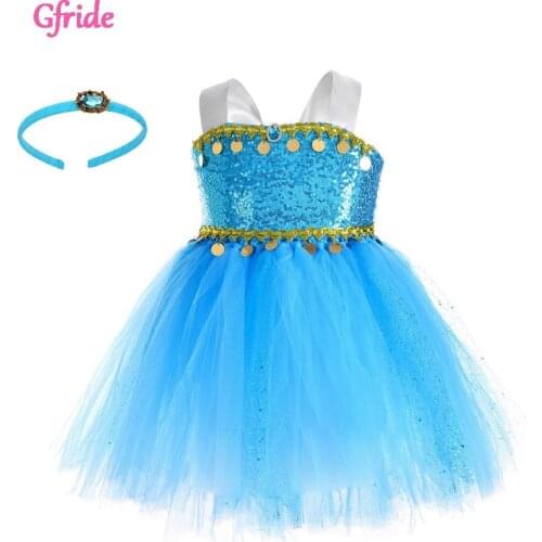 Summer Girls Halloween Jasmine Costume Kids Tutu Tulle Dress With Headband Theme Sleeveless Dress Performance Clothes 2 3 4 5 6T