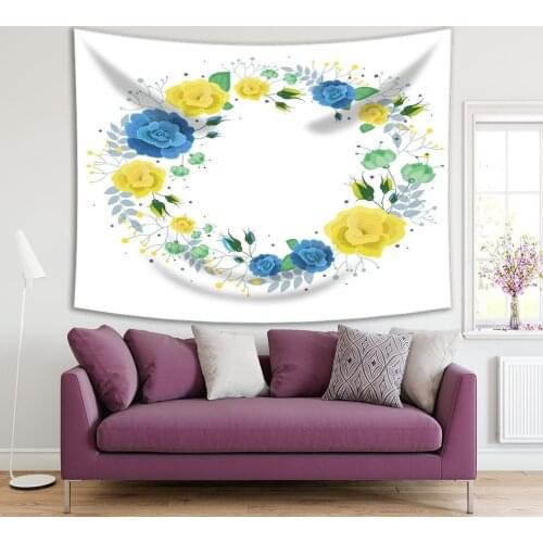 Tapestry Flowers Leaves Blossoms Floral Wreath Summer Love Celebration Theme Art Printed Blue Yellow Green