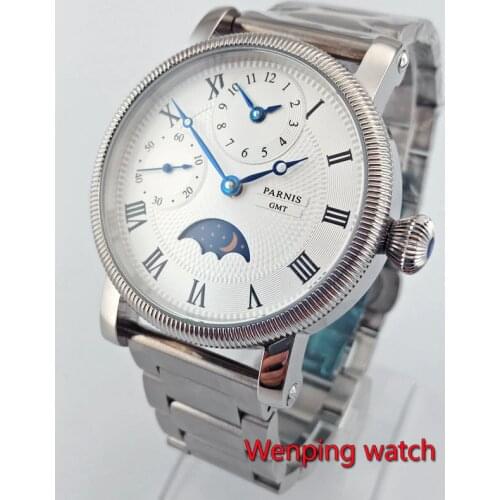 Free Shipping 42mm parnis white dial GMT Moon Phase hand winding movement mens watch W54S