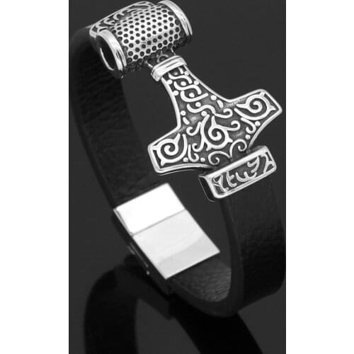 Men nordic viking thor hammer MJOLNIR Real leather stainless steel Bracelet with gift bag