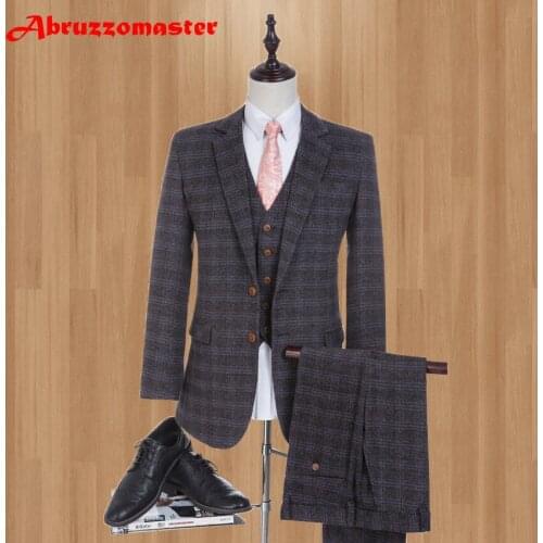 3 Pieces Brand Men 100% Wool Suits Brown Wedding Suits 2020 Fashion Notched Lapel Mens Tuxedo Suits with Pants and Vest