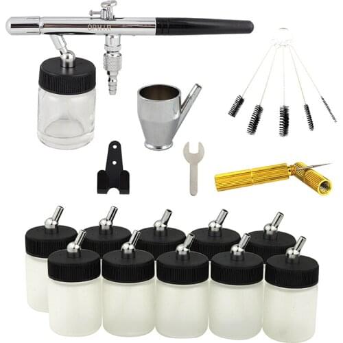 OPHIR 0.35mm Doub Action Airbrush Kit Air-brush Gun w/ 10 Bottles Cleaning Tools for Model Hobby Crafts Art Paint _AC072+020-10x