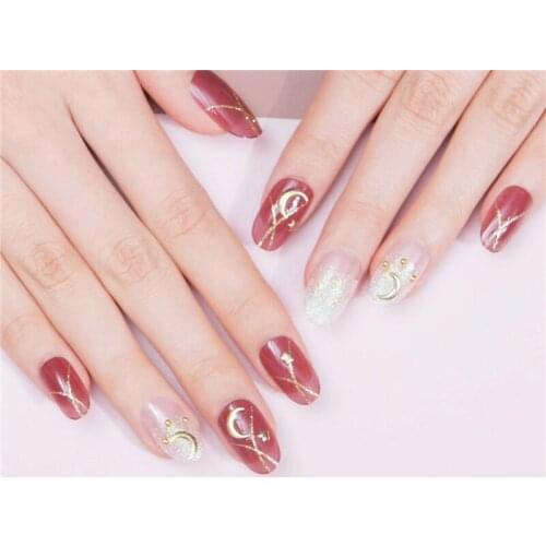 Red star and moon theme Japanese fake nails 24pcs cute bride decorated false nails middle-long size lady full nail tips cartoon