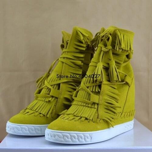 Yellow Tassel Platform Lace-up Ankle Autumn Shoes Women Boots Height Increasing Ladies Shoes Lace Up Fashion Boot