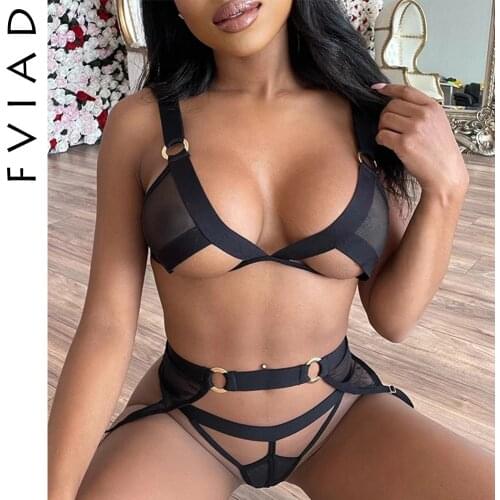 Women’s Lace Mesh Body Sculpting Underwear Suit Erotic Gather Bra Briefs Sling Three Piece Set Ladies Sexy See-Through Lingerie
