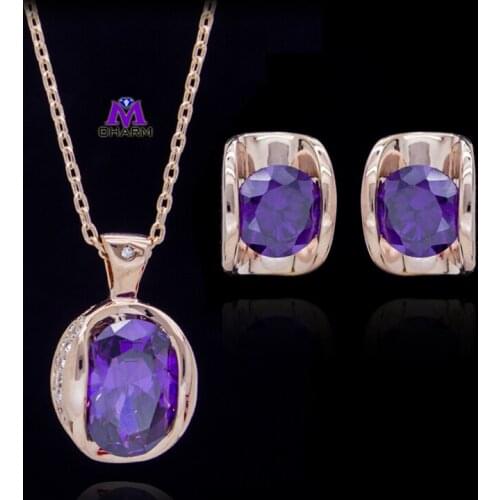Real Gold Plated Swiss Cubic Zirconia and Purple Crystal Dropearrings Earrings and Necklace Jewelry Set for Women Girls Lady