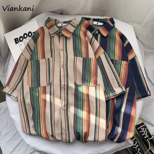 Mens Summer Striped Shirt Fashion Contrast Color Casual Short Sleeve Male Blouse Streetwear Wild Loose Shirts Mens S-2XL