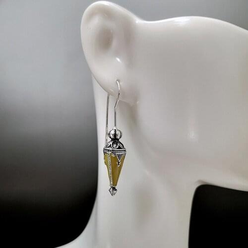 Yellow Cone Pendant Earrings Vintage Ethnic New Dangle Hook Jewelry Womens Stone Bohemian Pyramid Pendant Drop Earrings
