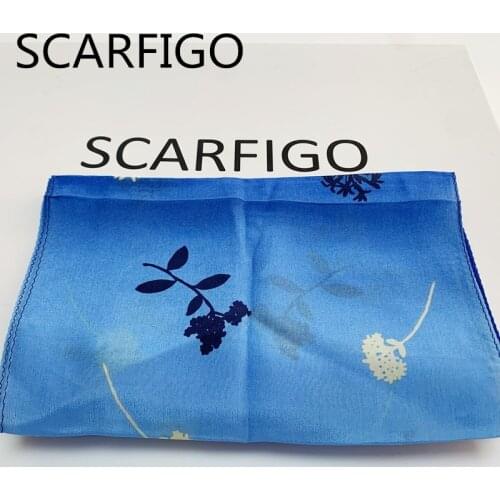 SCARFIGO 135*25cm Blue Gradient Silk Scarves Womens Long Floral Print Scarf Shawls