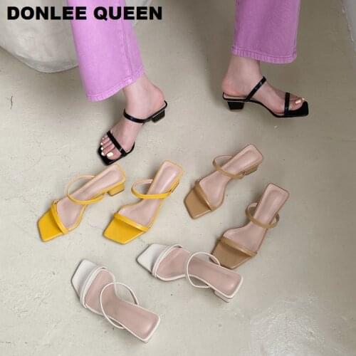 Square Heels Slippers Women Med Heel Slides Slip On Flip Flops Narrow Band Sandal Elegant Ladies Slipper sandalias mujer Size 41