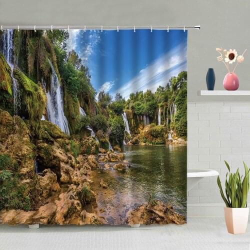 3D Three-dimensional Bathroom Accessories Rock Waterfall Beautiful Scenery Shower Curtain Waterproof Cloth Polyester Belt Hook