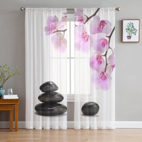 Orchid Black Stone Pink Flower White Tulle Curtain For Living Room Bedroom Modern Sheer Curtains Decorative Window Treatment