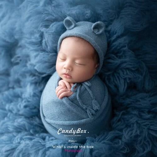 Knitting Baby Wrap Bear Hat Set Newborn Photography Props Stretch Posing Wrap for Studio Photo Animal Accessories