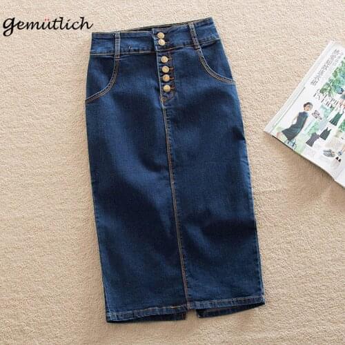 GEMUTLICH S-9XL Summer Women Denim Long Skirt Elasticity Slim Long One Step Split Skirts High Waist Button