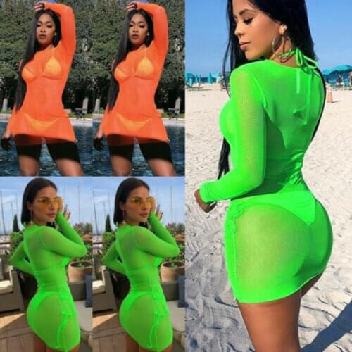 Womens Sexy Bikini Cover-Ups Sheer Mesh Sheer Bikini Cover Up Swimsuit Swimwear Bathing Suit Beach Dress Female Bodysuit Summer