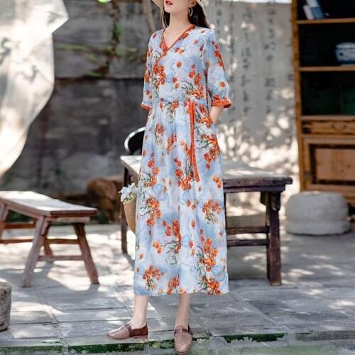 Women Cotton Linen Casual Dress New Arrival 2021 Summer Vintage Style V-neck Floral Print Loose Ladies A-line Long Dresses S3320