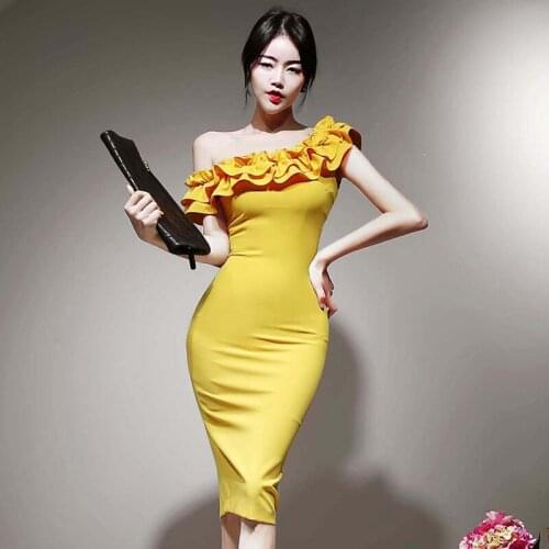 New arrival fashion party dress women elegant summer sexy one shoulder personality temperament yellow slim pencil dress
