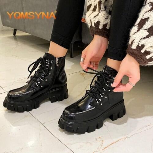 YQMSYNA Fashion Ankle Boots Thick Bottom Square Heel Non-slip Round Toe Zipper Womens Boots Office Lady Lace-up Shoes AS328