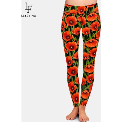 LETSFIND Beautiful 3D Poppies Flowers Print Women Stretch Pants Fashion High Waist Fitness Slim Soft Legging Plus Size