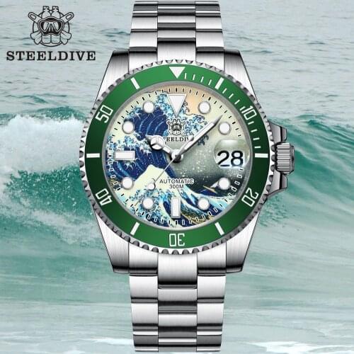 Steeldive SD1953J Full Lumilous The Great Wave Off Kanagawa Dial 300M Waterproof Stainless Steel Dive Watch with Brushed Band