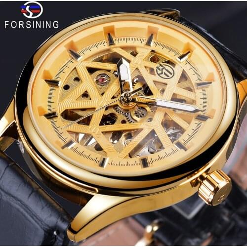 Forsining Golden 2019 Roman Retro Luxury Design Mens 3D Open Work Skeleton Mechanical Wrist Watches Top Brand Luxury Male Clock