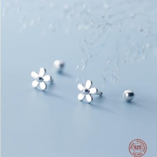 LKO 925 Sterling Silver Fashion Sweet Five Petals Flower Screw Stud Earrings For Women Children Mini Minimalist Ear Jewelry