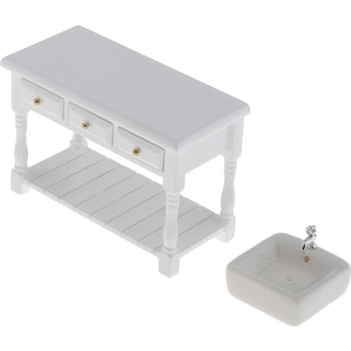 1:12 Dollhouse Miniature Ceramic Sink Wash Basin With Cabinet