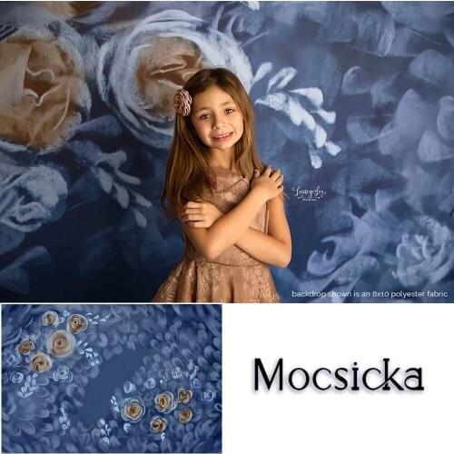 Mocsicka Hand Painted Flower Blue Photocall Background Photo Studio Retro Floral Newborn Baby Kids Birthday Photography Backdrop