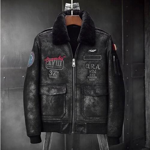 2019 Mens Black Shearling Jacket Leather Jacket Fur Coat B6 Airforce Flight Jacket Mens Winter Coats
