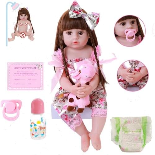 22inch 56cm New Arrive Soft Vinyl Full Silicone Body Reborn Baby Doll Floral Clothes Princess Straight Long Hair For Kids Gifts