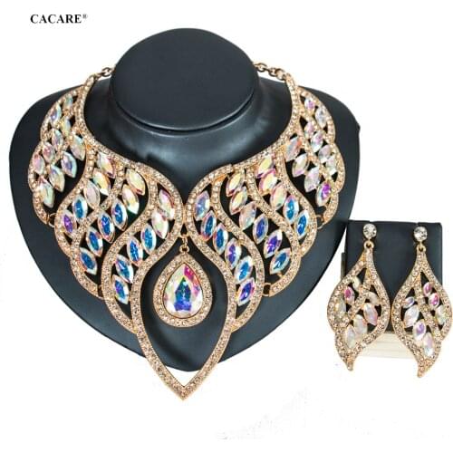 Luxury Dubai Gold Jewelry Sets Women Big Necklace Earring Set Indian Jewellery F1140 Rhinestone Party Jewels 5 Colors CACARE