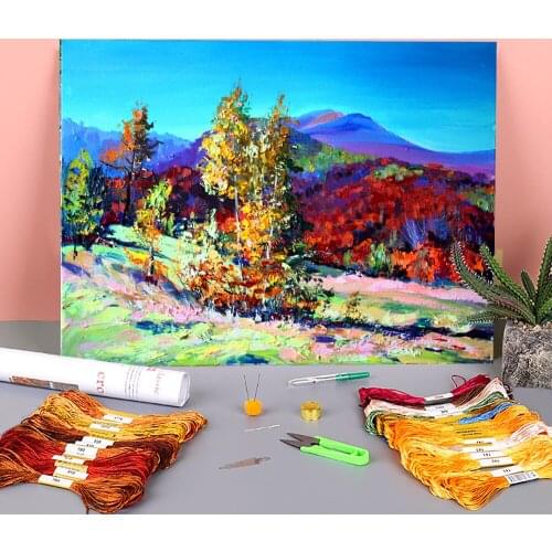 Landscape Autumn In The Mountains Printed Fabric 11CT Cross-Stitch DIY Embroidery Full Kit DMC Threads Painting Design
