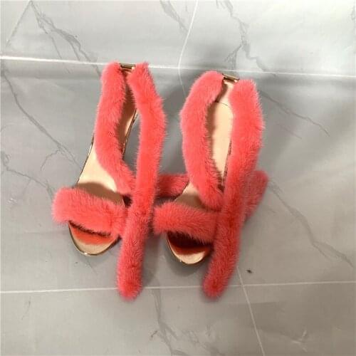 Summer New Fashion Female High Heels Mink Fur Wrapped Ankle Sik Sandals Diamond Fashion Sandals