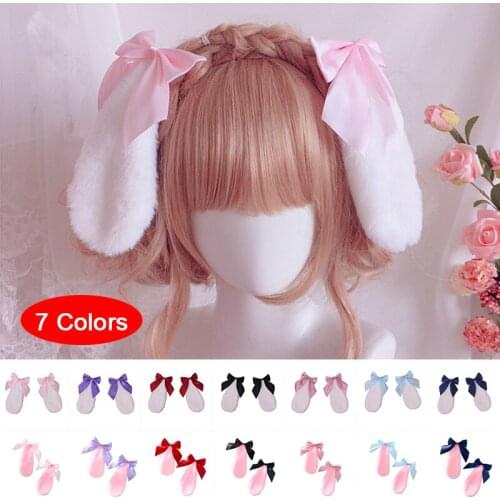 Cute Rabbit Bunny Plush Lop Ear Hairpin Clip Ribbon Bowknot Lolita Cosplay
