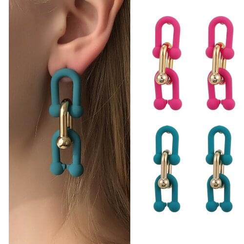 Hiphop Style Blue Red Green Black White Acrylic U Bamboo Steel Chain Pendant Silver Studs Earrings For Women