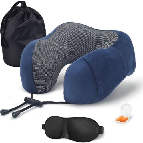 U-Shaped Pillow Memory Foam U-Shaped Pillow Slow Rebound Travel Neck Pillow Magnetic Cloth Neck Pillow Earplugs Eye Mask 1Pcs