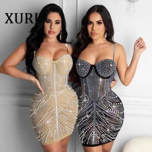 XURU Hot Rhinestone Nightclub Ladies Dress European New Product Sexy Wrapped Chest Sling Dress Summer Dress