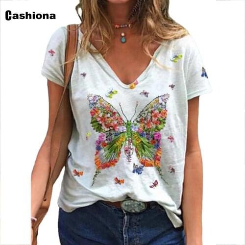 Cashiona Plus size Women Elegant Leisure Casual T-shirt Model Butterflies Print Femme Tops 2021 Summer V-neck Loose Tees shirt