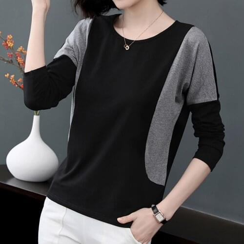 YTL Female Autumn Winter Long Sleeve Simple Pullover O-neck Black Patchwork Womens Tunic Tops Casual Chic Cotton Tshirt W039