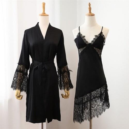 Women Lace Sleepwear Black Bathrobe Satin Nightgown Sexy 2pcs Kimono Robe Set Long Sleeve Intimate Lingerie Novelty Homewear