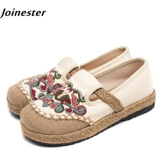 Women Summer Hemp Loafers Round Toe Flat Heeled Shoes Ladies Ethnic Floral Embroider Straw Braid Casual Sneakers Vintage Sandal