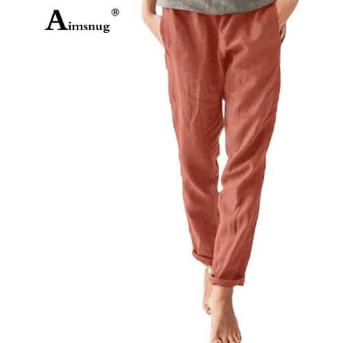 Plus size 4xl 5xl Womens Model Linen Pants with Pocket Casual Elastic Waist Pantalon Solid Color Female Ankle-Length Trouser