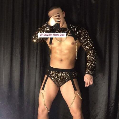 Sequins Outfit Men Nightclub Gogo Jazz Dancing Performance Stage Costume Pole Dance Wear Party Festival Rave Clothes VDB3974