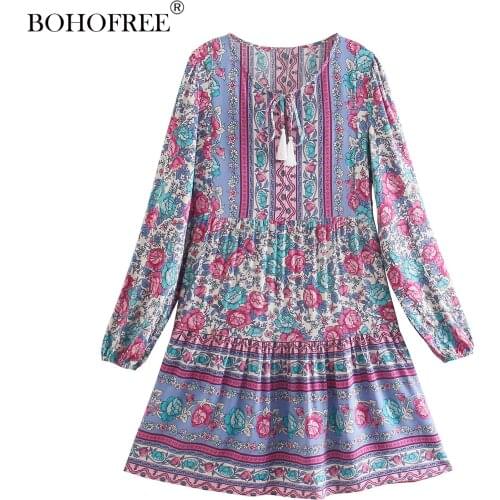 Long Sleeve V-neck Rayon Cotton Holiday Dress Beach Hippie Vacation Short Dress Loose Womens Clothing Falda