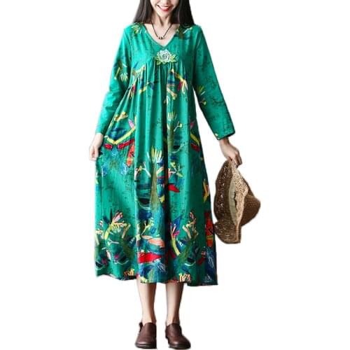2021 New Long Sleeve Autumn Dress Embroidery Floral Vintage Dress Cotton Linen Loose Women Dress Female Spring Casual Dress