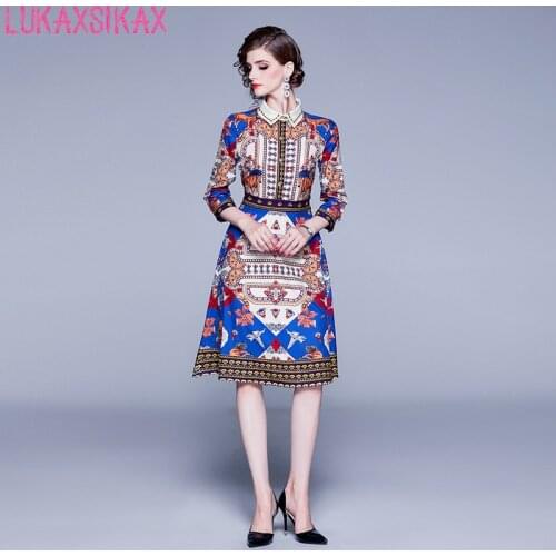 New Arrival 2020 Spring Autumn Women Dress High Quality Retro Graphics Print Runway Dress Elegant Vintage Party Dresses
