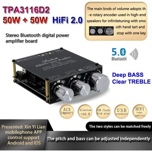 2*50W Bluetooth 5.0 TI TPA3116D2 Class D HiFi Stereo Audio Digital Power Amplifier Board Tone Home Theater Equalizer AUX Amp