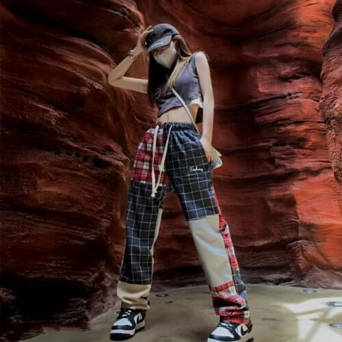 HOUZHOU Hip Hop Vintage Plaid Pants Women Harajuku High Street Patchwork Wide Leg Casual Trousers Female 90s Aesthetic Grunge