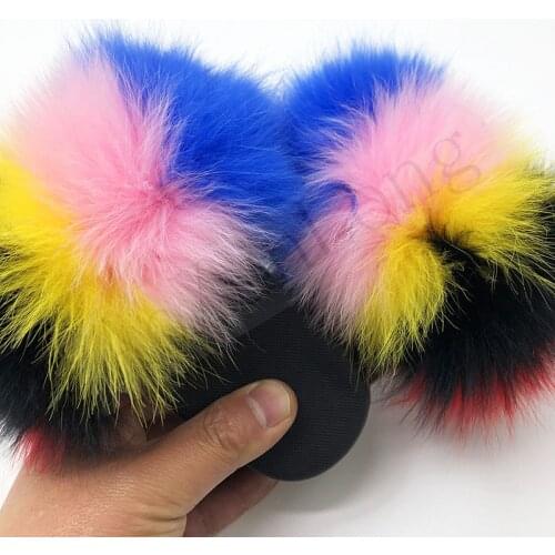 Child Fox Fur Slippers Girls Fluffy Sandals Kids Furry Sliders Raccoon Fur Flip Flops Children Beach Fur Slides Home Slippers