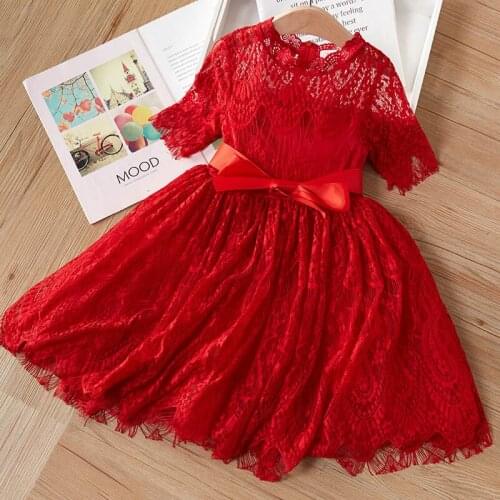 Childs Girls Dresses Embroidery Princess Children Clothing for Kids Girl 3-7 Years Red Flower Lace Mesh Dress Silk Bow-Knot